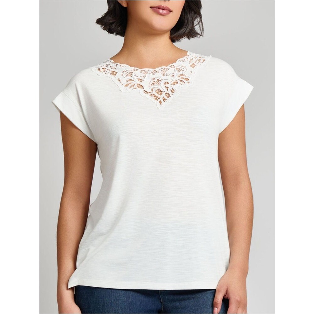 Jones New York Lace Inset Top Dolman Sleeve Stretch Knit White Pullover S NEW - Picture 8 of 13